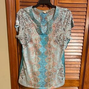 Elegant Teal and Beige Blouse